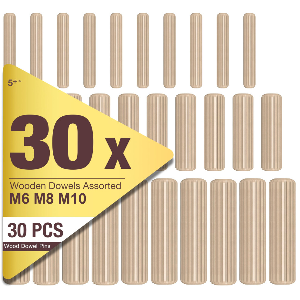 5Plus 30-Piece Assorted Wooden Dowels Set Â M6, M8, M10 Hardwood Grooved & Fluted Pins For Furniture, Woodworking, And Crafting (6Mm, 8Mm, 10Mm) 50652631