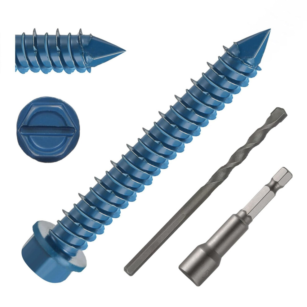 Wavanta 30Pcs M5.5 X 45Mm Concrete Screws Anchor, Blue Slotted Hex Flange Head With Screwdriver And Drill Bit, Masonry Brick Stucco Cement Block Scre 73011330