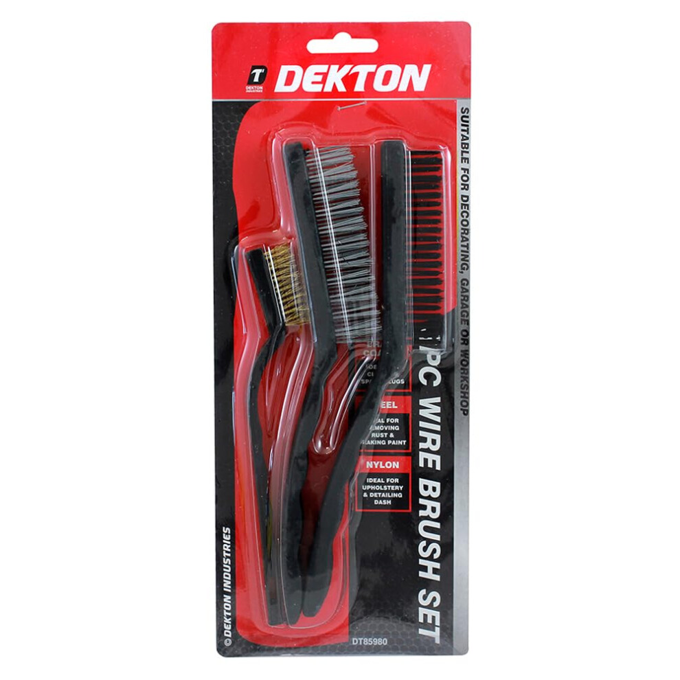 Dekton 3Pc Wire Brush Set | Includes 2 Large Wire Brushes & 1 Small Detailing Brush | Brass Coated For Spark Plugs | Steel For Rust & Paint Removal | 89053539