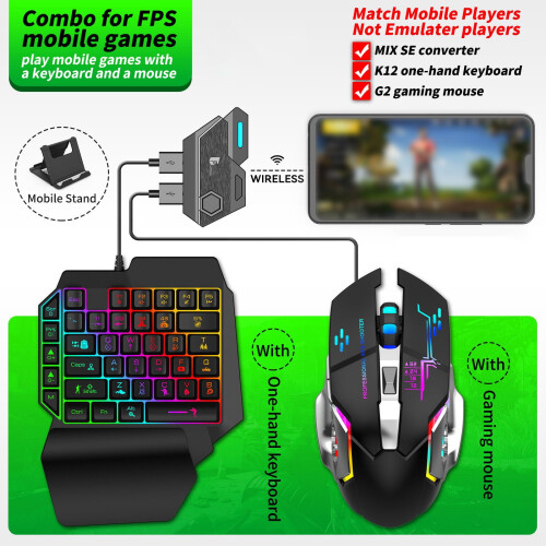 Mixse Chicken Eating Suit Game Keyboard Mouse Converter, Compatible with Android/iOS, Auto Gu-n Pressing, Bluetooth Gaming Controller
