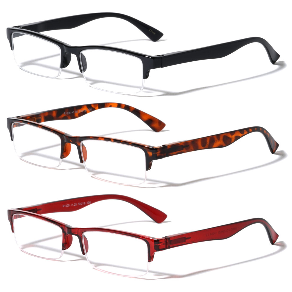 3 Pairs Rectangular Half Rim Reading Glasses - Simple Classic Clear Lens Reader - Spring Hinges +1.50