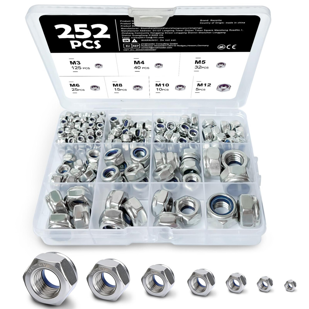 252 Pcs Locknuts Assortment Kit, 7-Size (M3 M4 M5 M6 M8 M10 M12) Nylock Nuts Complete Set, Assorted Nylon Insert Locking Hex Nuts For Bolts, Screws & 43277988