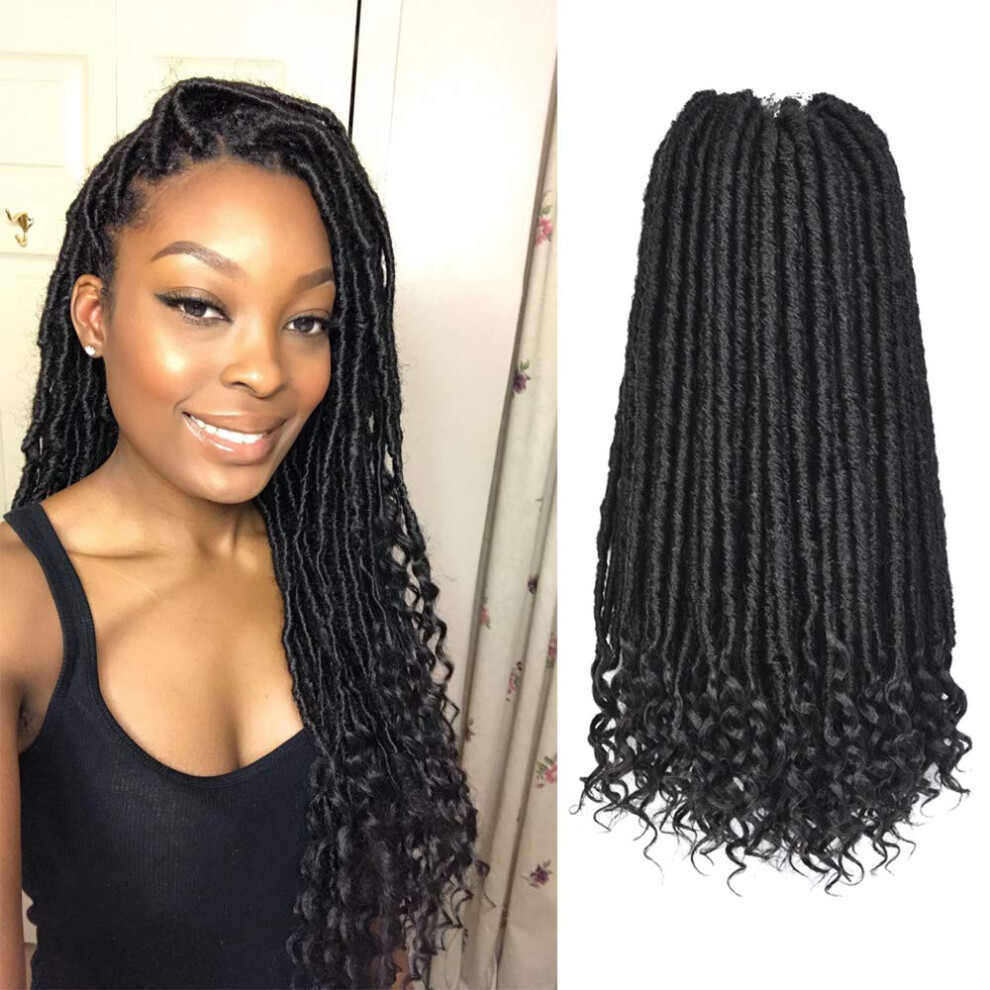 Unisex Black 16 Inch Prelooped Goddess Faux Locs Crochet Hair Extensions With Bohemian Curly Ends,