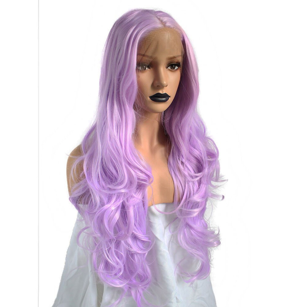 Unisex Purple Long Wavy Lace Front Wig Heat Resistant Synthetic Fibers Natural Scalp Appearance