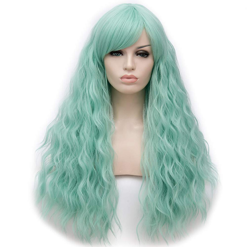Unisex Green 27 Inch Mint Wig Long Curly Wavy Synthetic Heat Resistant Hair With Bangs For Women