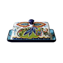 Ceramic Butter Dish with Lid, HandPainted Floral Pattern, Keeps Butter Fresh, 7.9in Vintage Style