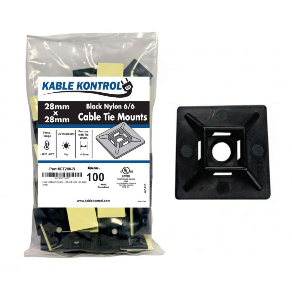 Kable Kontrol Black Zip Tie Bases, 28 Mm X 28 Mm, Pack Of 100 Cable Tie Adhesive Mounts Self Adhesive Mounts Multi-Purpose Zip Ties Bases, Cable Hold 85838154