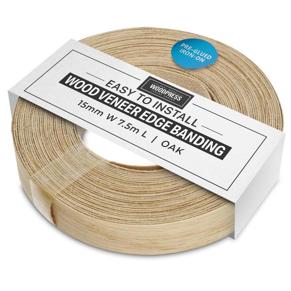 Woodpress Real Oak Veneer Edging Tape Â 15Mm X 7.5M | Pre-Glued Iron On Edge Banding W/Hot Melt Adhesive 42626886