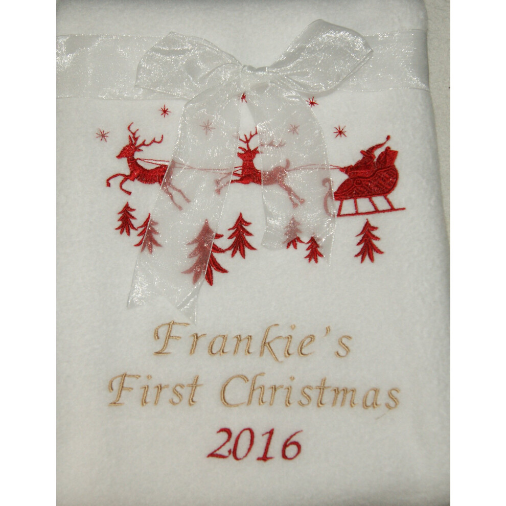 Sew Sew Special Baby Girls 1St Christmas Personalised Super Soft Fleece Blanket. (White/Red)