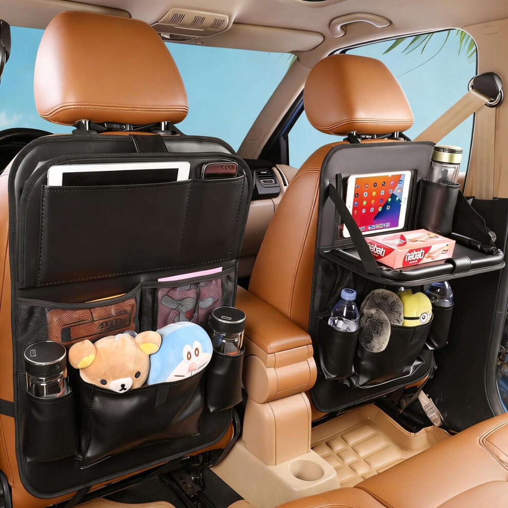 Leather Car Backseat Organizer With Tablet Holder - 9 Large Storage Pockets, Foldable Food Tray & Anti-Scratch Kick Mats - Universal Car Seat 701737302459
