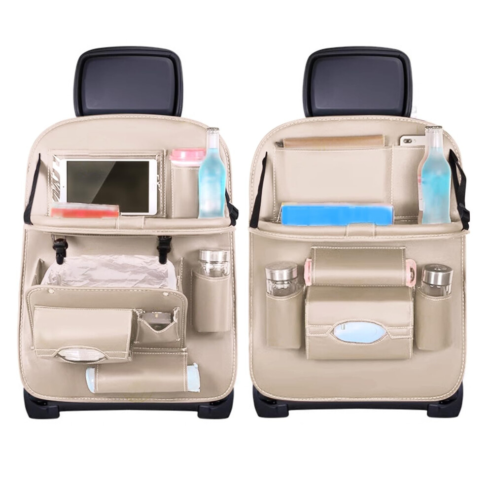 Pack Of 2 Car Seat Organiser Backrest Protector, Car Back Seat Organiser Children, Faux Leather, Anti-Kick, Multifunctional, Waterproof, With Beige Sehauseu