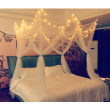 8 Corner Bed Canopy with 100 LED String Lights - Battery Operated Bed Netting - Unique Style 4 Door Square Canopy - Boys and Girls Bedroom Decor -