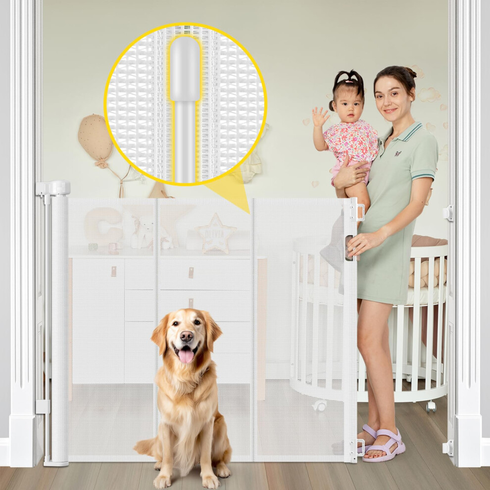 Reinforced 42? Extra Tall Retractable Dog Gate For Doorways 60? Wide Mesh Baby Gate, Tall Baby Gates For Stairs With Rods To Prevent Crawling Through Bingguz
