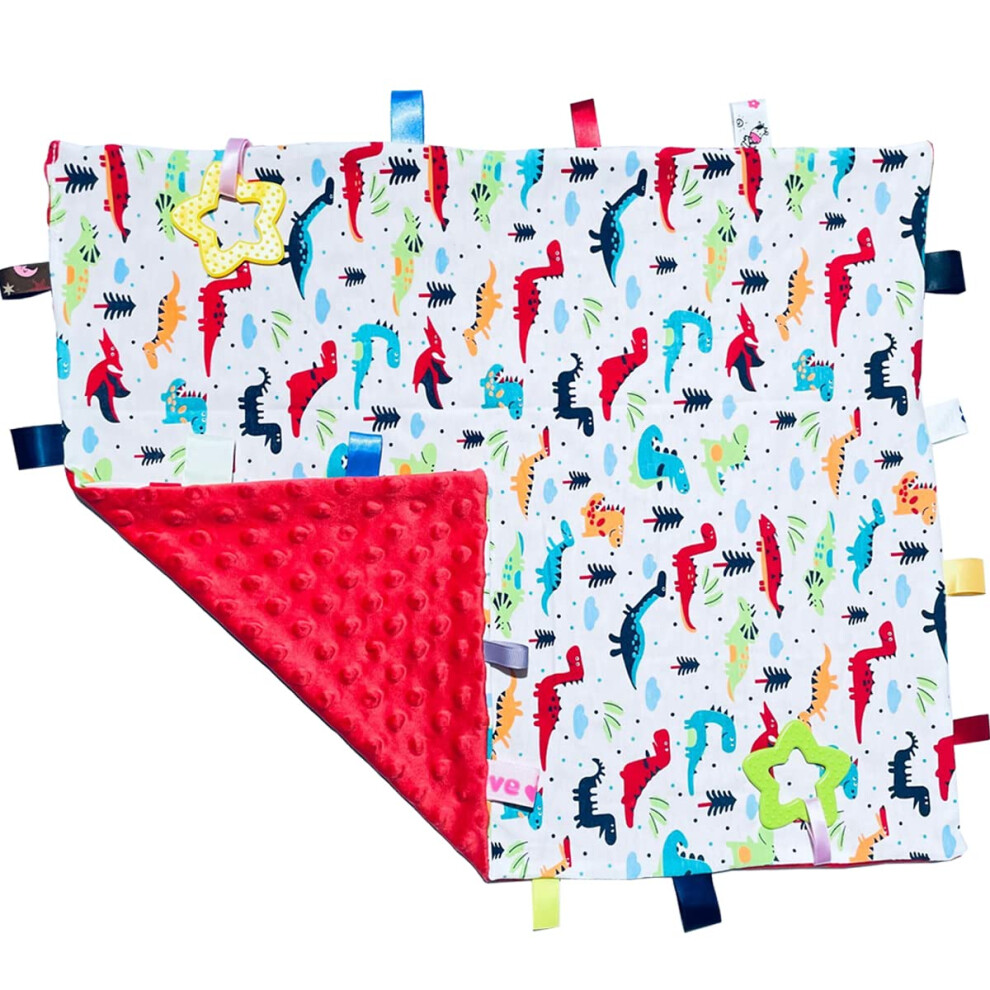 Big Tags Blanket For Babies, Soft Dinosaur Toddler Taggy Blanket, Cute Baby Security Blanket With Tags, 55X45cm/21.7X17.7inches Red Trytutry