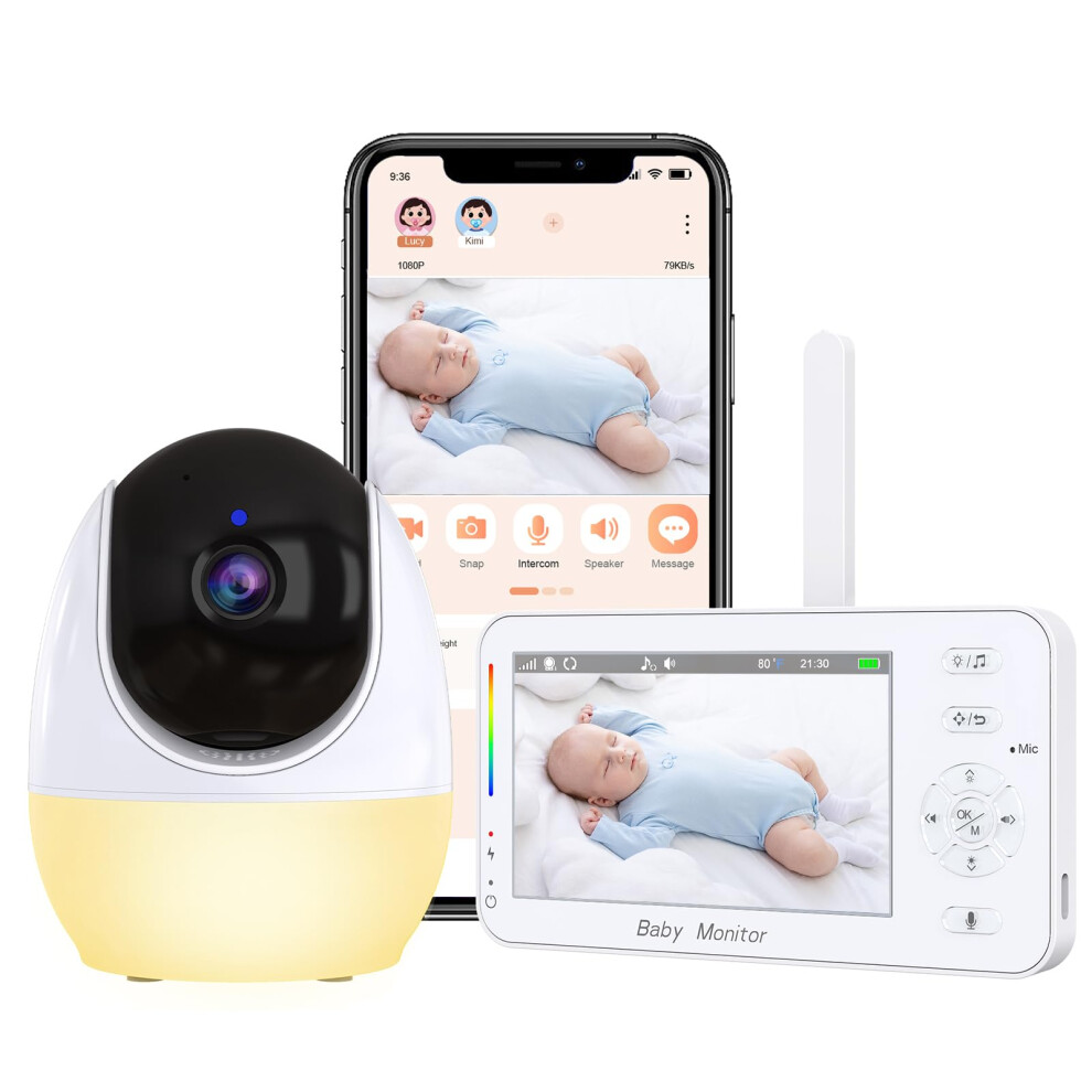 Wifi Baby Monitor With Camera And Audio, 4.3" 1080P Hd Portable Baby Monitor, Night Night Vision, Temperature Sensor, 985Ft Range, 2-Way Light Lnbei