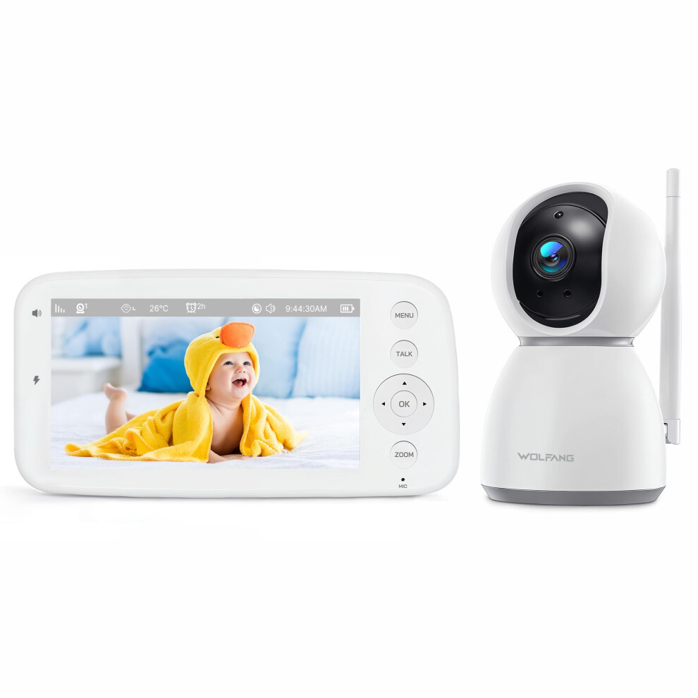 Wolfang 5.0" Baby Monitor With Camera And Night Vision, 720P Display With 10-Hour Battery, Pan-Tilt-Zoom 1080P Video Baby Camera, No Wifi, 2-Way Talk,