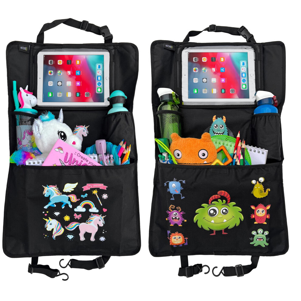 Heckbo Unicorn + Monster Car Backseat Organizer With Adjustable Tablet Pocket For Tablets Up To 20 Inches With Touch Foil - Universal Fit - Incl.