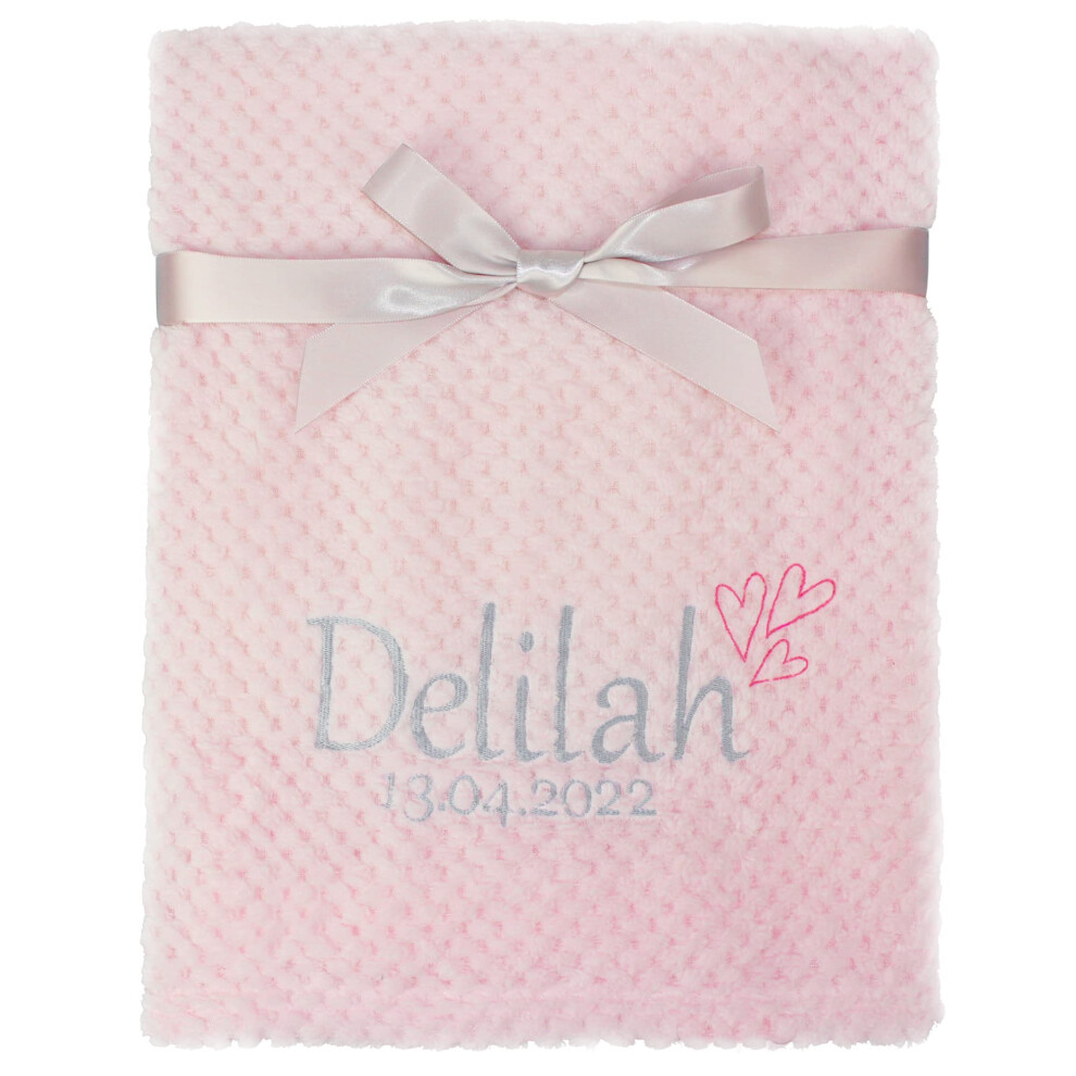 Personalised Embroidered Hearts Name And Birth Date Bubble Blanket Pink Teddyts