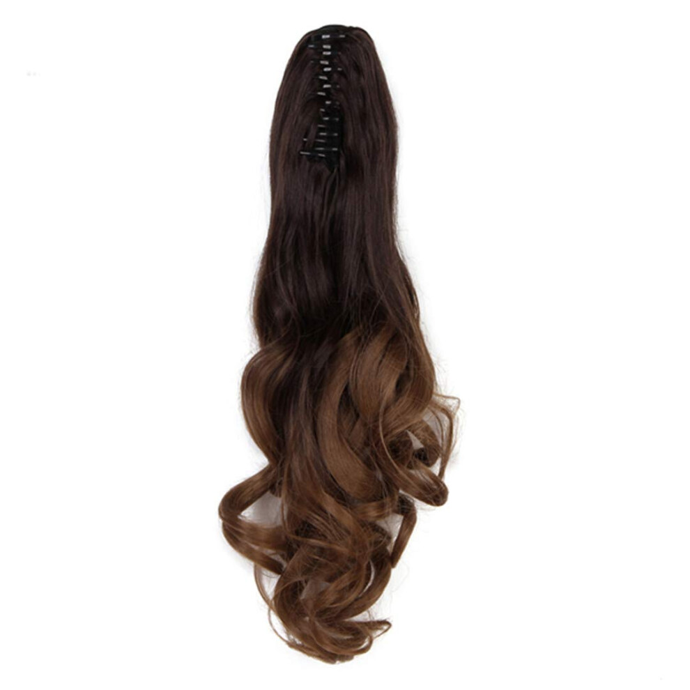 Unisex Brown Clip In Ponytail Hair Extension 20 Inch Ombre Wavy Synthetic Hairpiece Heat Resistant