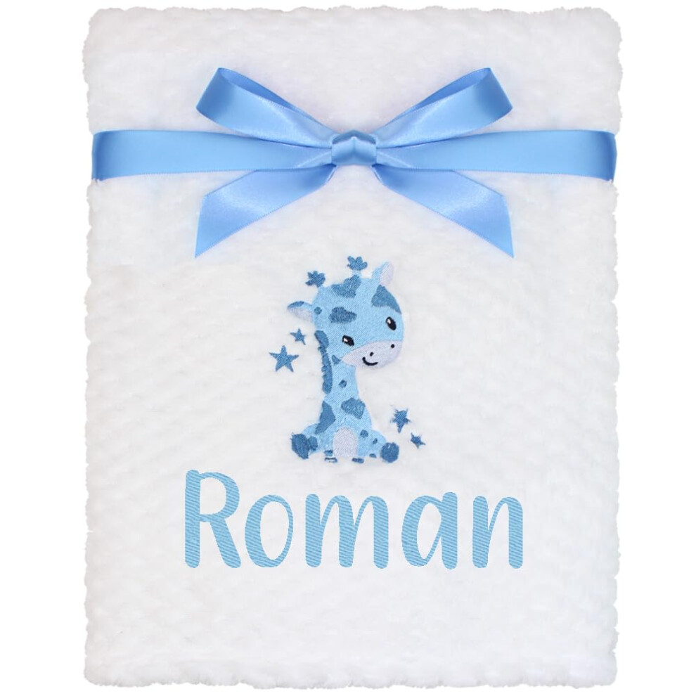 Personalised Baby Giraffe Embroidered Waffle Blanket ( Embroidery) White/Blue Teddyt's
