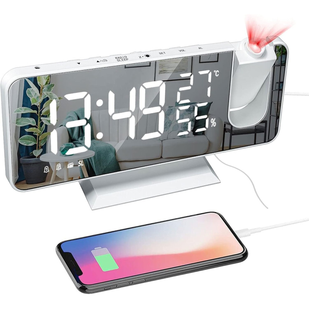 Projection Alarm Clock for Bedroom Ceiling, Digital LED Alarm with USB Charging, Radio and Dual Alarms