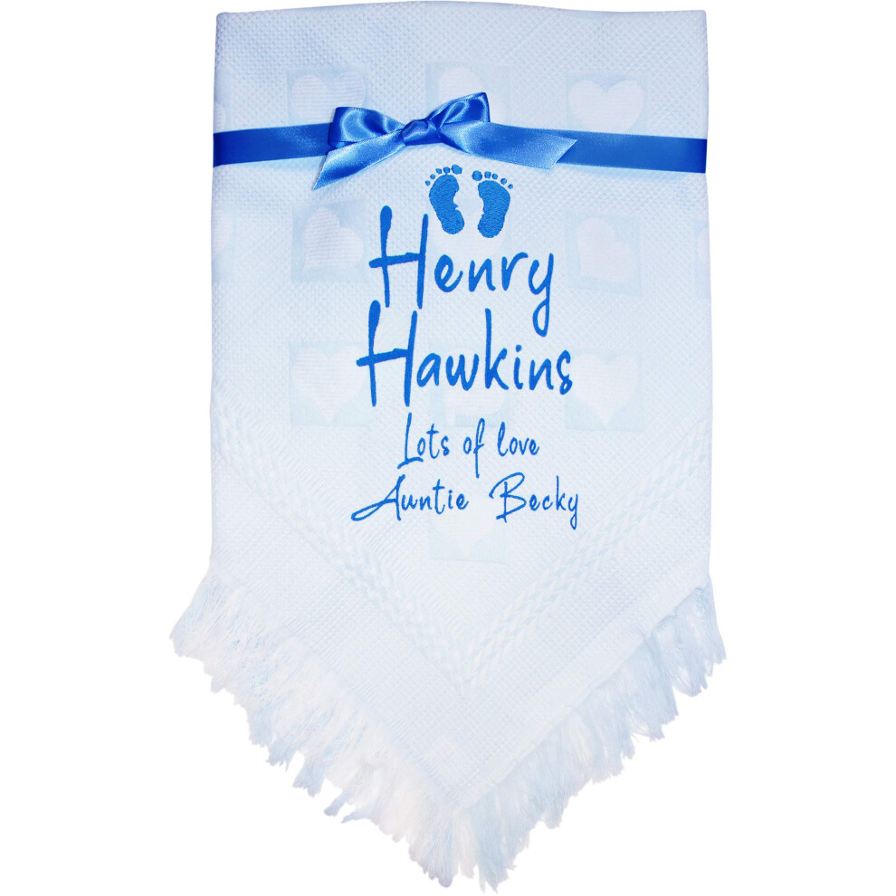 Personalised Gift Message Baby Shawl Blanket ( Footprints) Blue Teddyts