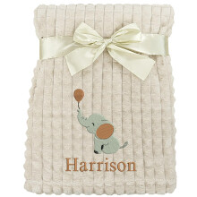 Personalised Baby Blanket Embroidered Elephant & Name Soft Fleece Wrap (Brown Elephant Beige Squares)