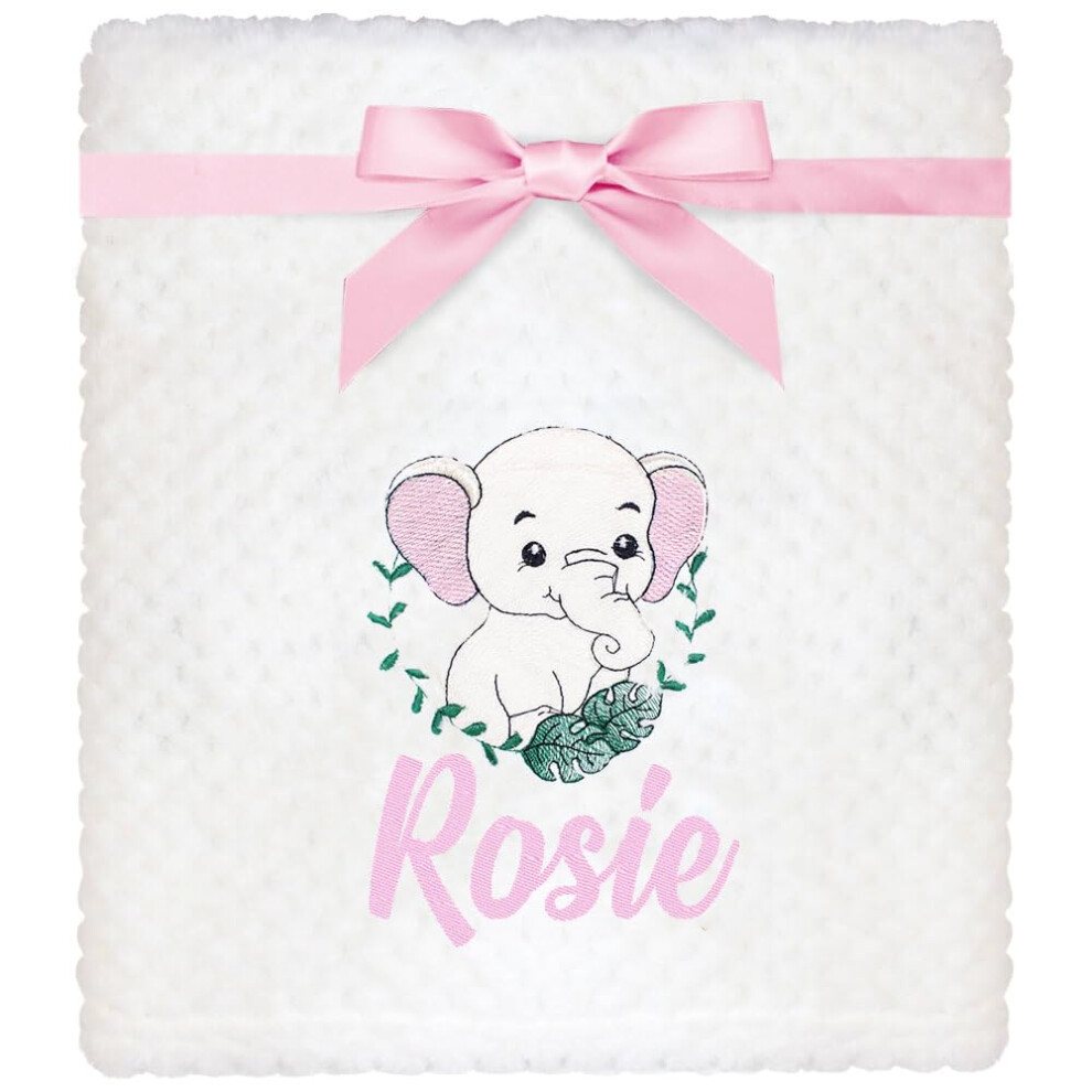 Personalised Elephant Waffle Baby Blanket With Embroidered Metallic Sparkle Elephant (Baby Pink) White/Silver/Pink Teddyt's