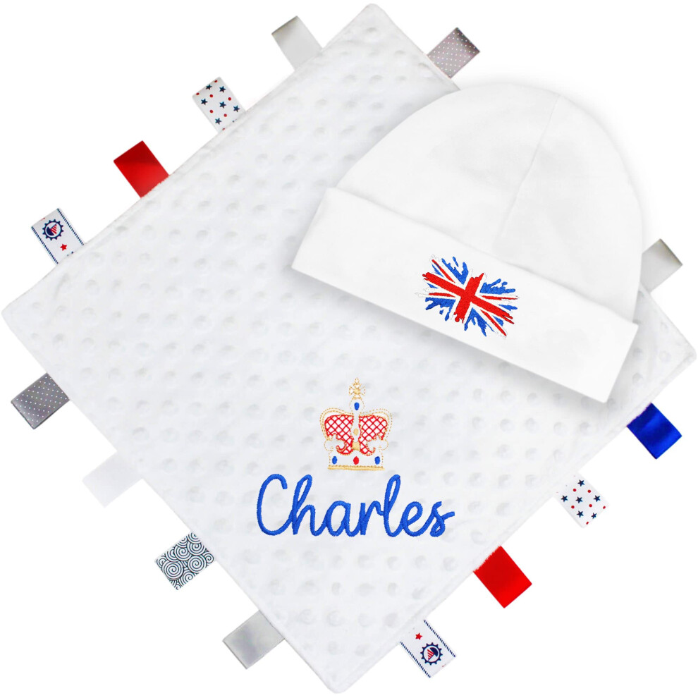 Personalised Union Jack Crown Coronation Taggy Ribbon Comforter Blanket & Baby Hat Gift Set Teddyt's