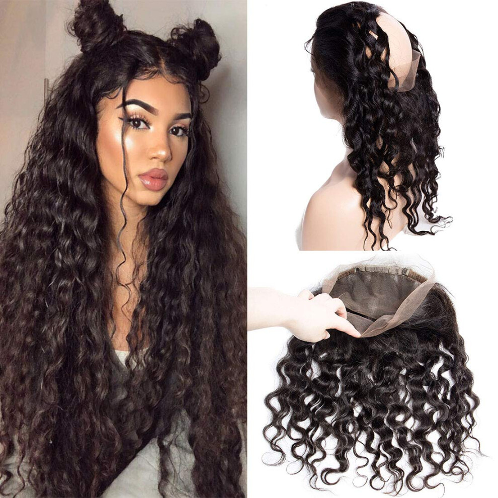 Unisex 360 Lace Frontal Water Wave Wig 14 Inch Brazilian Virgin Hair Pre Plucked Bleached Knots