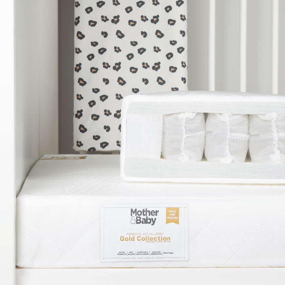Mother&Baby Cot Bed Mattress 140 X 70Cm - Anti-Allergy, Breathable Pocket Sprung Cot Bed Mattress With Waterproof Membrane White/Gold Mother & Baby