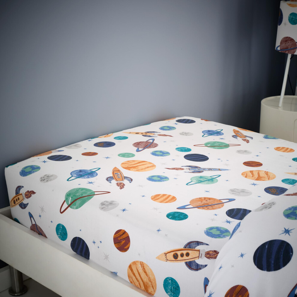 Girls Boys Kids Cosmic Planets Toddler Cot Bed Fitted Sheet White Happy Linen Company