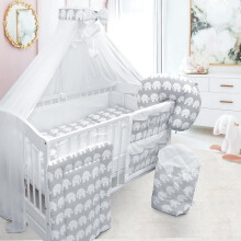 Babymam Baby Bedding Set 17pcs Essential Cot with Drawer & Mattress Elephants Grey