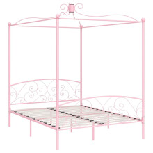 vidaXL Pink Metal Canopy Bed Frame 160x200cm - Sturdy Bedroom Furniture Double Bed with Slatted Base for Curtains/Mosquito Net