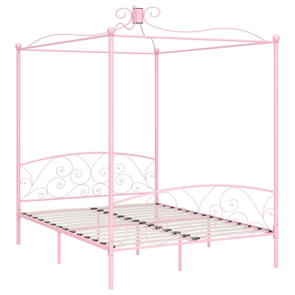 Vidaxl Pink Metal Canopy Bed Frame 160X200cm - Sturdy Bedroom Furniture Double Bed With Slatted Base For Curtains/Mosquito Net