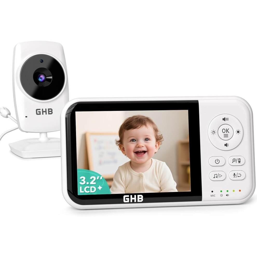 Baby Monitor With Camera And Night Vision, 3.2 Inch Screen, 2-Way Audio, Temperature Sensor, 2X Zoom, Lullabies, Feeding Reminder, Eco Mode Ghb