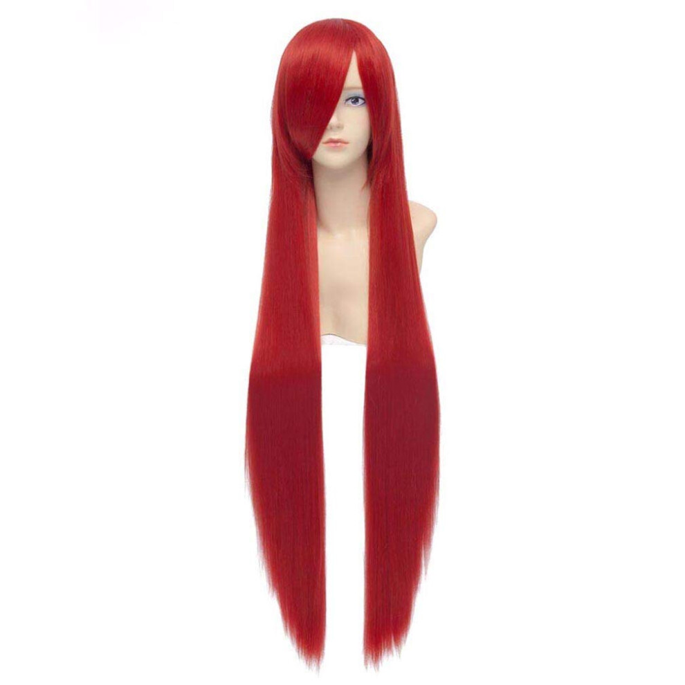 Unisex Red Long Synthetic Wig Extra Long 100Cm Side Swept Bangs Natural Looking Cosplay Wig For Women
