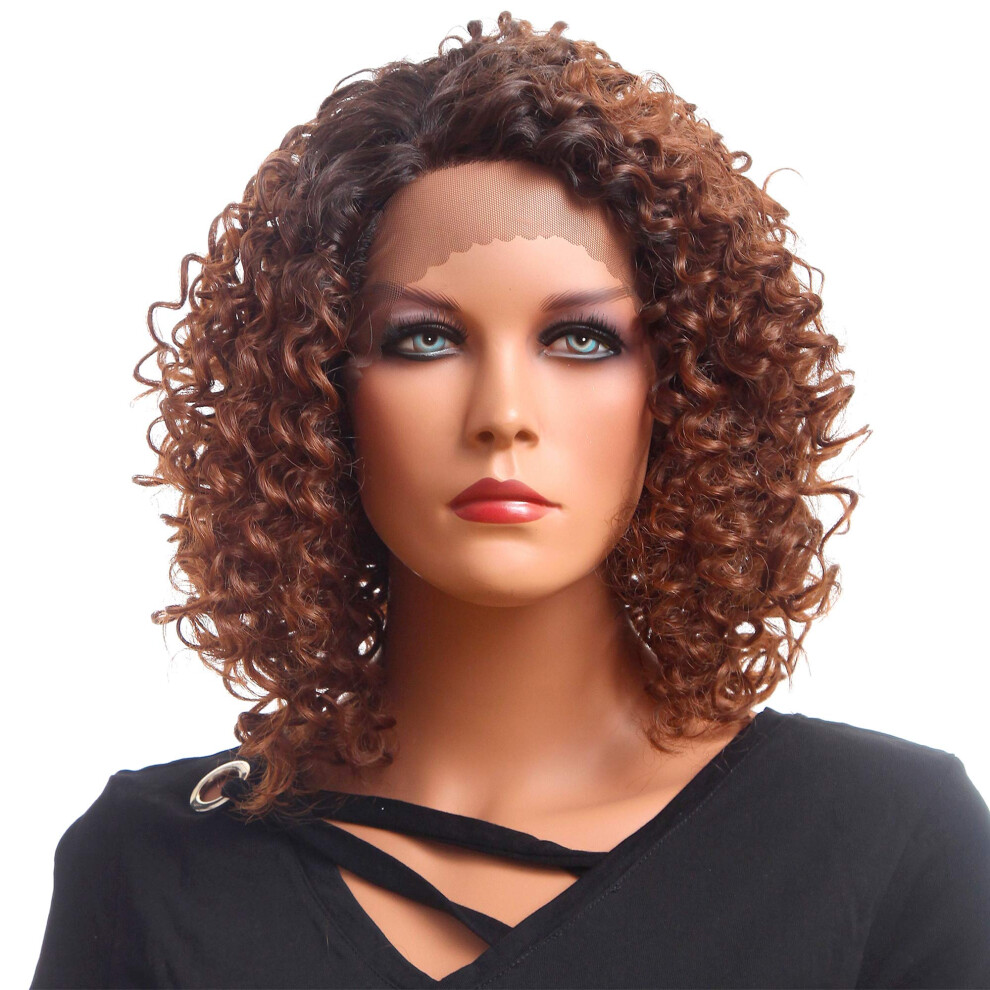 Ombre Curly Bob Lace Front Wig for Black Women Heat Resistant Synthetic Hair Natural Hairline 14'