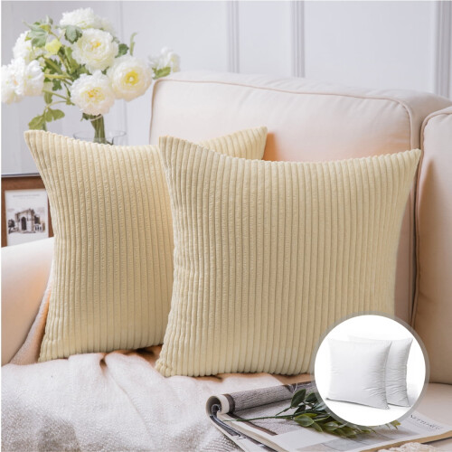 Phantoscope 18" x 18" Modern, Contemporary, Transitional Beige Striped Polyester Throw Pillow , 2 Count