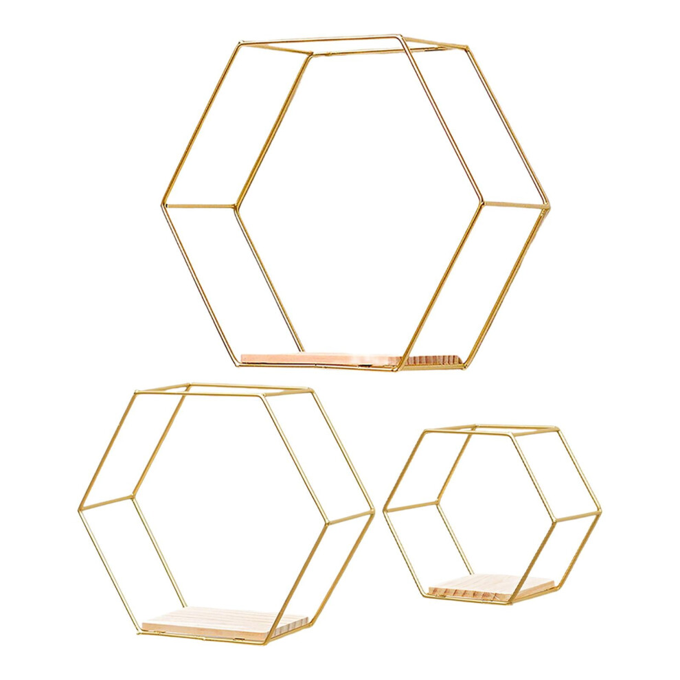 Set Of 3 Modern Hexagon Honeycomb Floating Wall Shelf Display Hanging Storage Rack For Home/Office,Golden 9048212200536