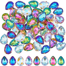 56Pcs 8 Colors Teardrop Rhinestones with Golden Stainless Steel Prongs, 18x13x6.5mm, for Garments & Accessories