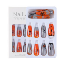Halloween Orange Fake Nails Pumpkin Spider Web Full Cover Reusable Artificial False Nails Manicure Art