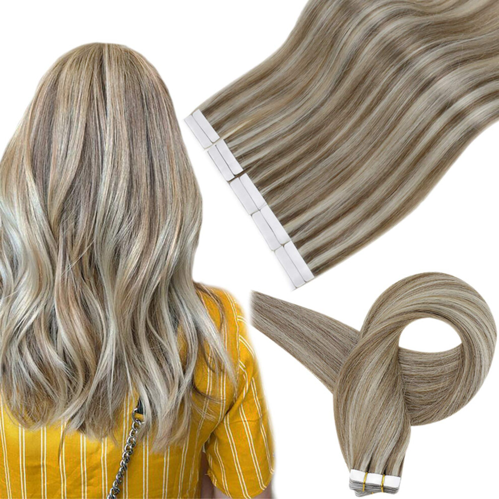 Unisex Brown Tape In Remy Human Hair Extensions 16 Inch Ash Highlighted Blonde Skin Weft For Women