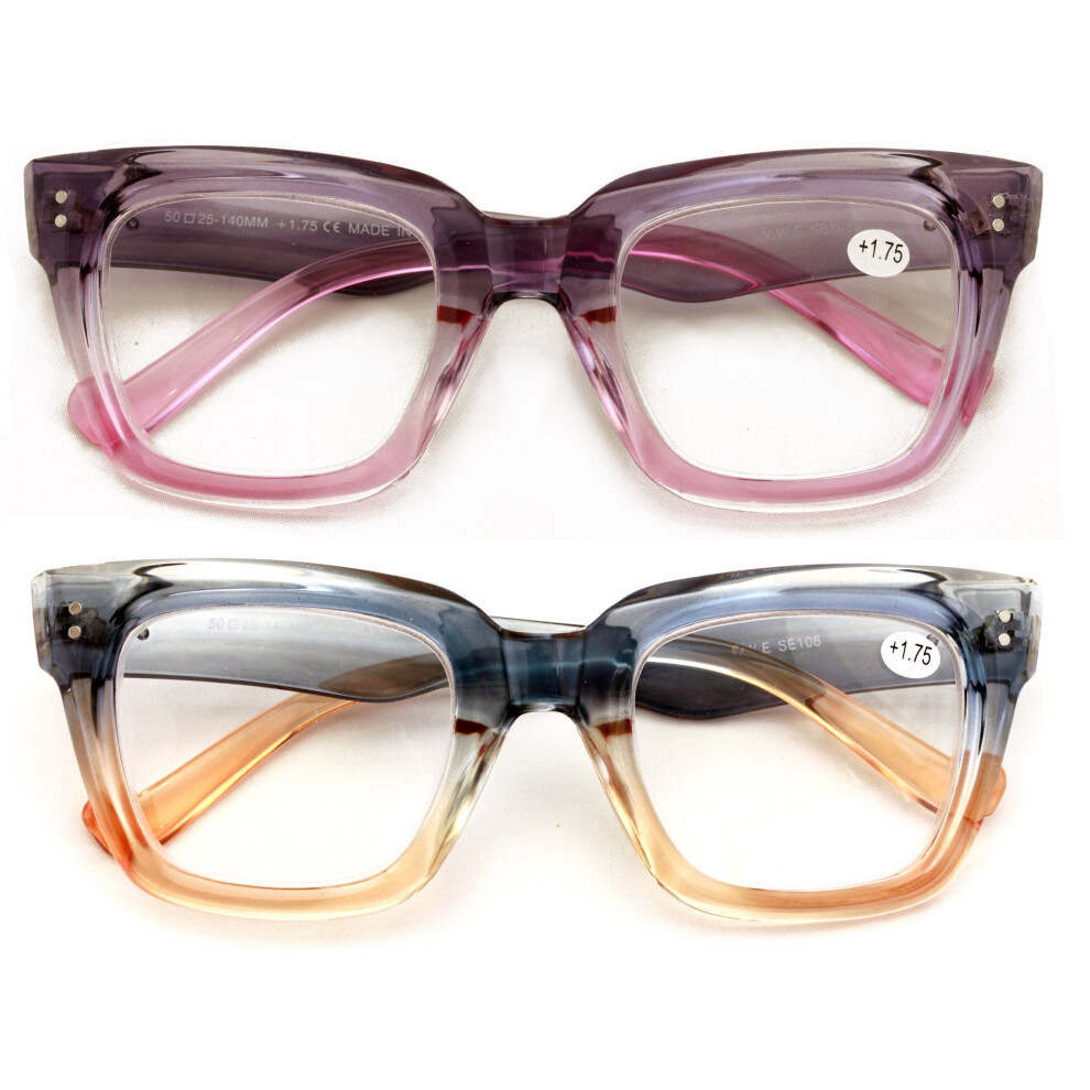 2 Pairs Women Bold Oversized Large Reading Glasses Traperzoid Clear Lens Reader 2.25