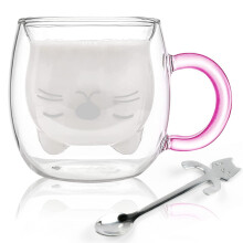 Cute Cat Cup Double Wall Insulated with Handle, Glass Coffee Milk Tea Cup Compatible with Silver Cat Spoon, Lovely Gift for Christmas Birthday
