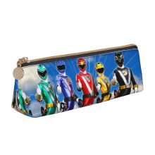 Power Rangers Triangle Pen Pouch, Black Leather Pencil Case with Zipper, Portable Holder for Pens, Markers, Makeup, Coins - White