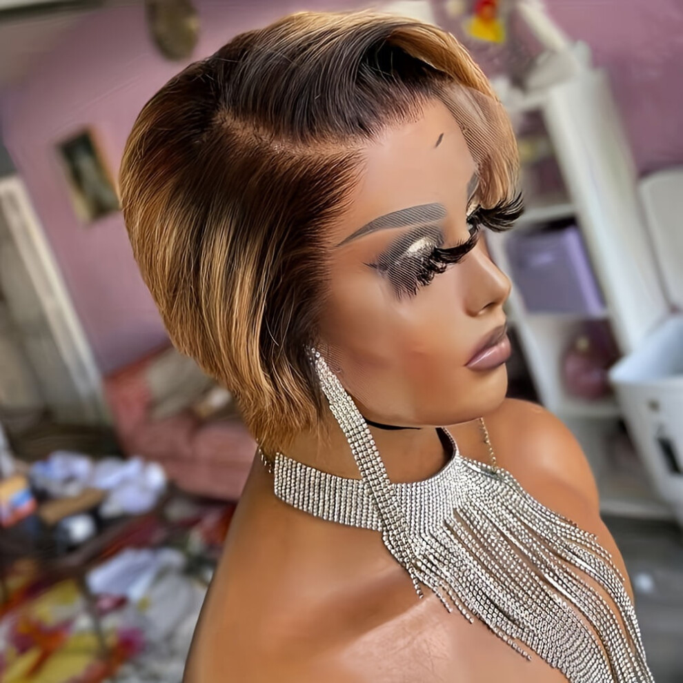 Pixie Cut Wig Human Hair Ombre Color Short Bob Straight Wig For Women Transparent Lace Front Brazilian Remy
