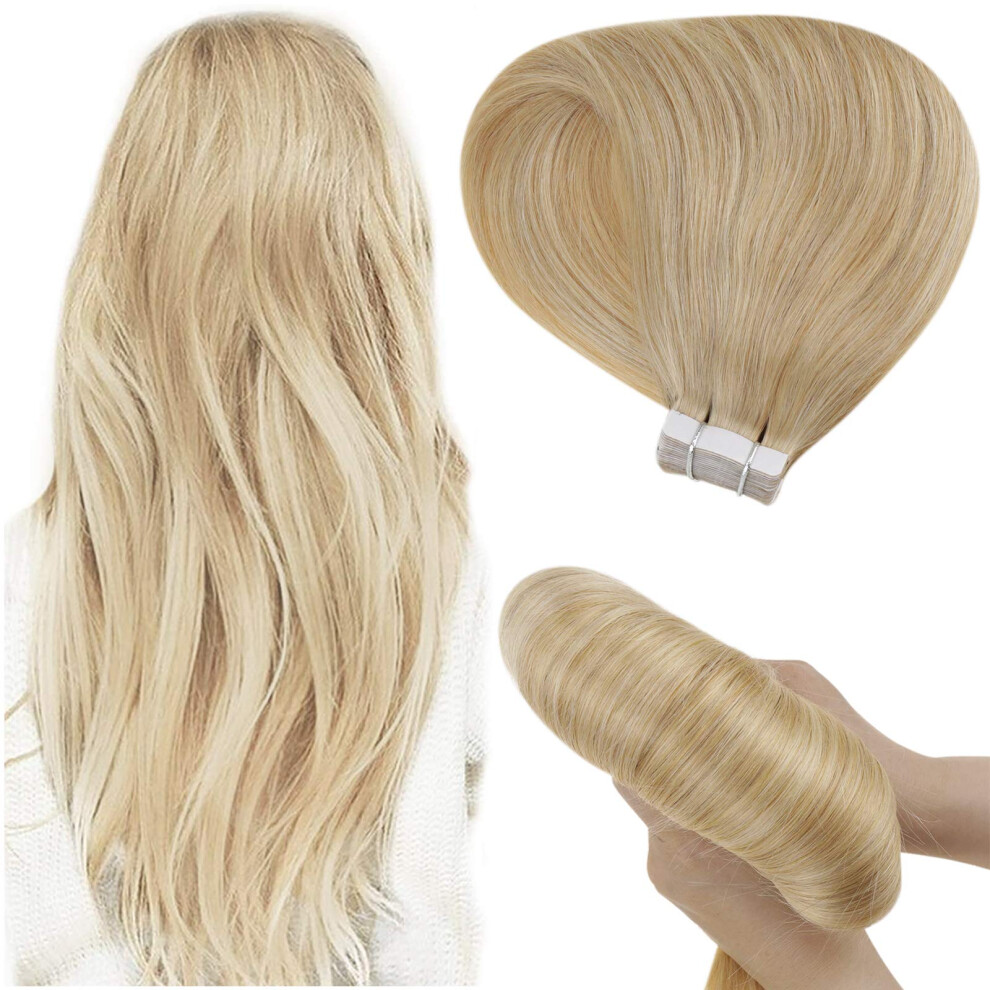Unisex Tape In Hair Extensions 16 Inch Blonde Mix Remy Human Hair Seamless Skin Weft 20Pcs 50G