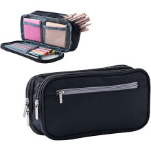Large Capacity Canvas Pencil Case, 3 Compartments, Multifunctional Pencil Holder, Office, College, School, for Boy, Man, Teen, Student, Adult (Black