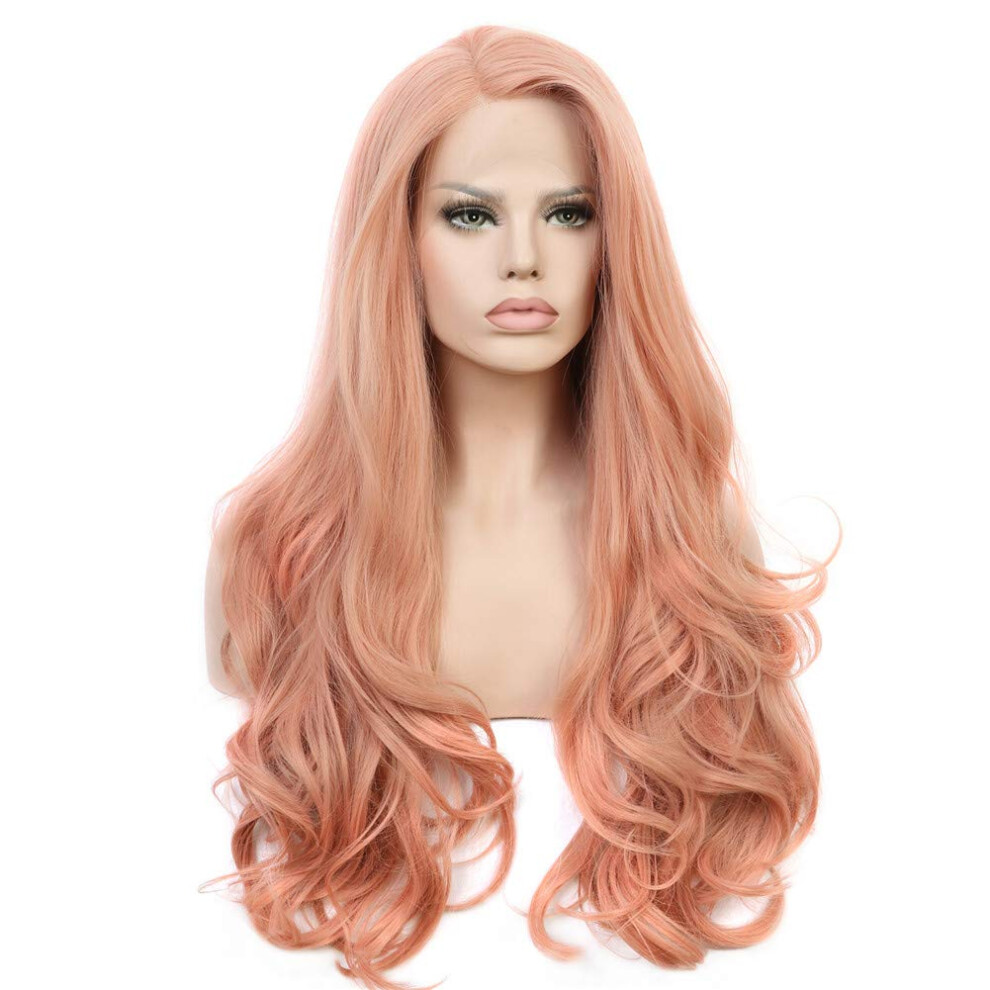 Unisex Pink Lace Front Wig 26 Inch Long Wavy Synthetic Heat Resistant Fiber With Natural Hairline